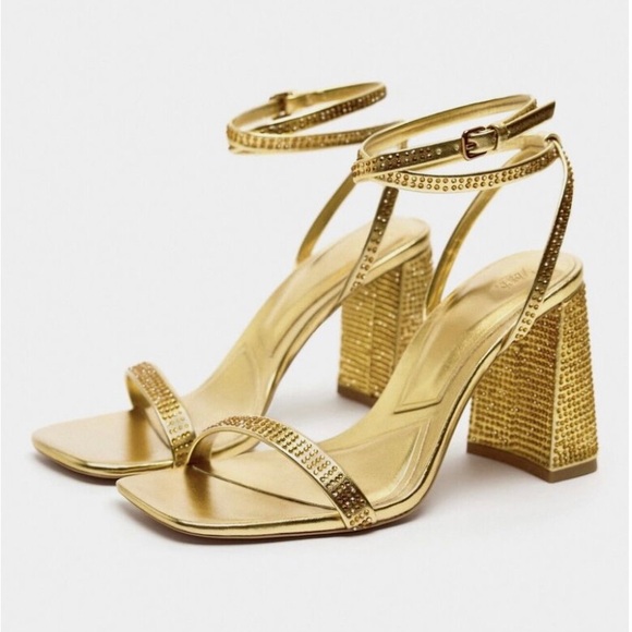Zara Shoes - Zara Gold Block Heel Sandals with Rhinestones